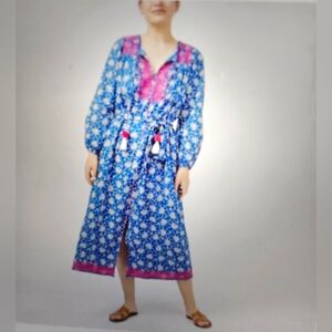 NWT J. Crew blue and white Midi dress with pink embroidery. Size XS